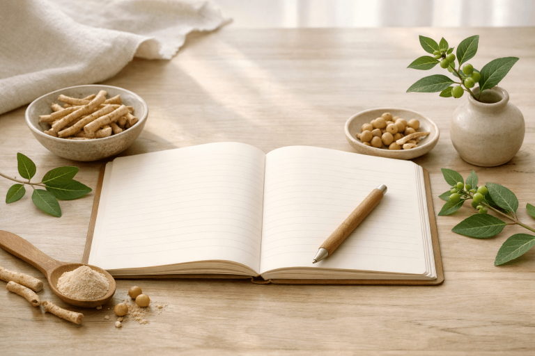 Not Just Stitches | Crafting & Quilting Ashwagandha root, powder, and leaves next to an open notebook