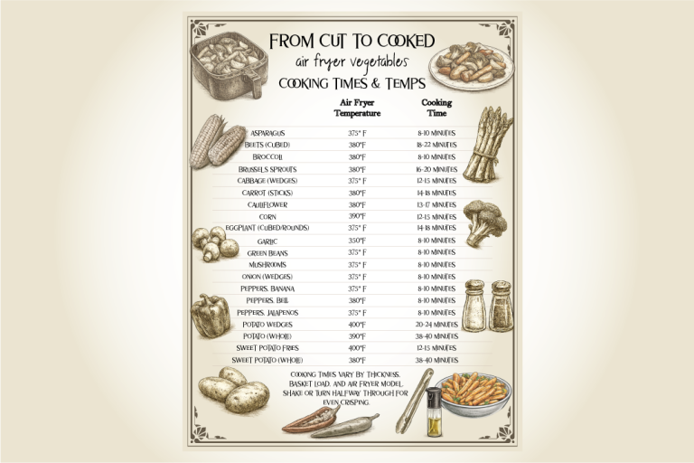 Not Just Stitches | Crafting & Quilting free printable air fryer vegetable cooking charts with times and temperatures, part of a three chart set available on Creative Fabrica